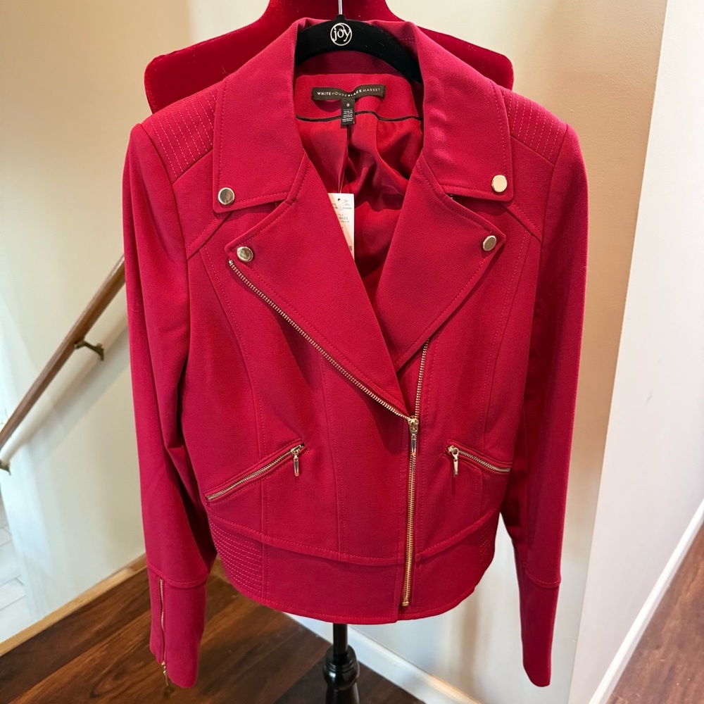White House Black Market Women's Red Moto Jacket - Size 8